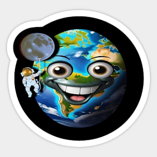 The astronaut hanging on the moon in front of the cute Earth Sticker